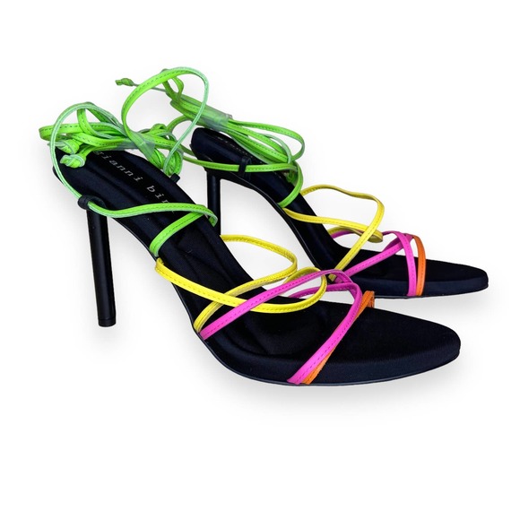 Gianni Bini Multicolor Strappy Heels green neon yellow pink black sexy tropical - Picture 5 of 10